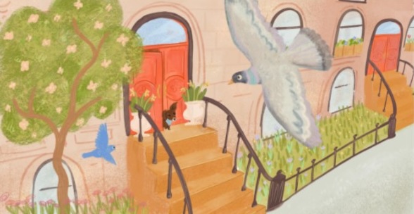Brownstone entrance with birds